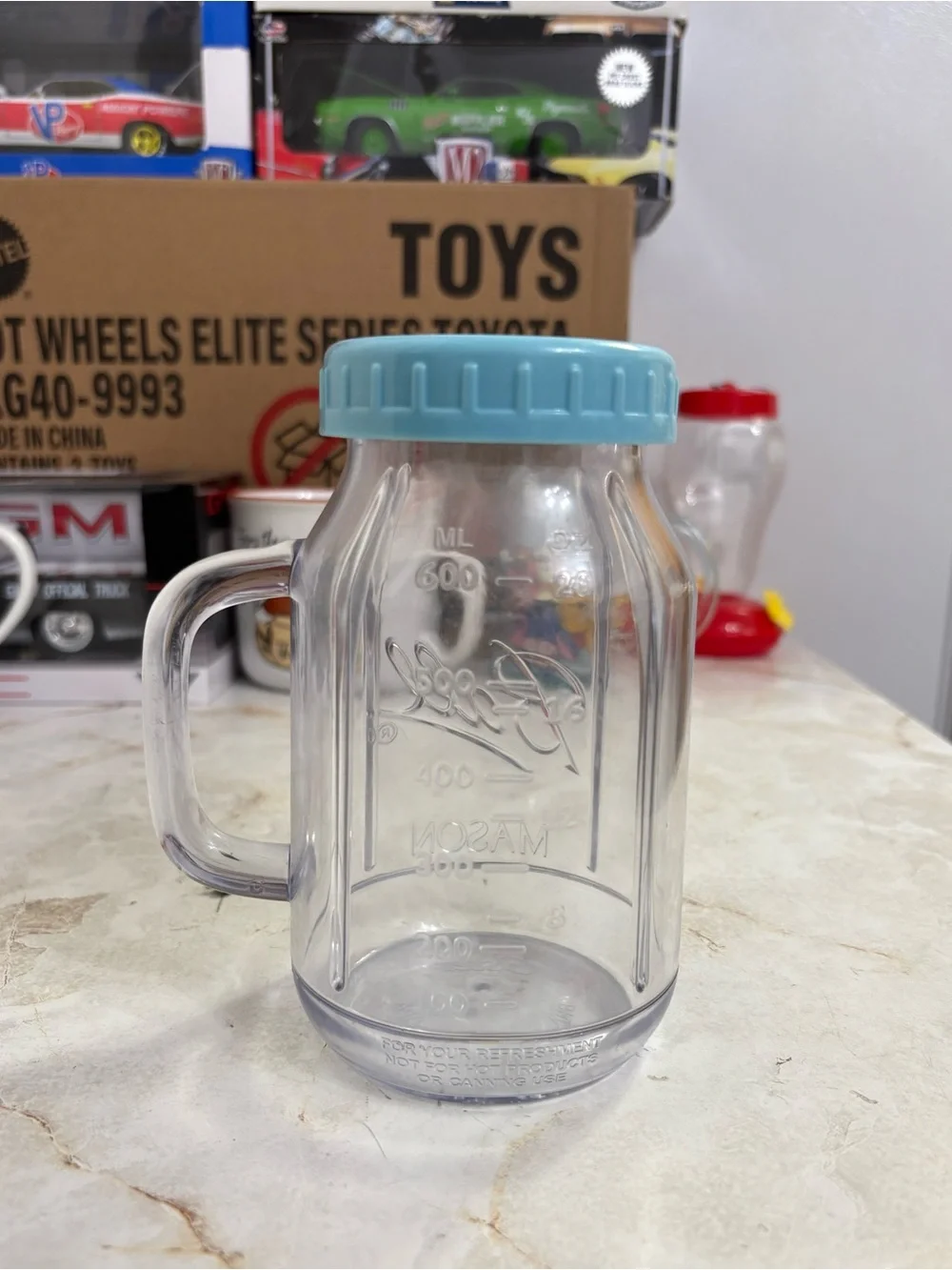 Clear Plastic Mason Mug with Light Blue Lid - Party Tableware